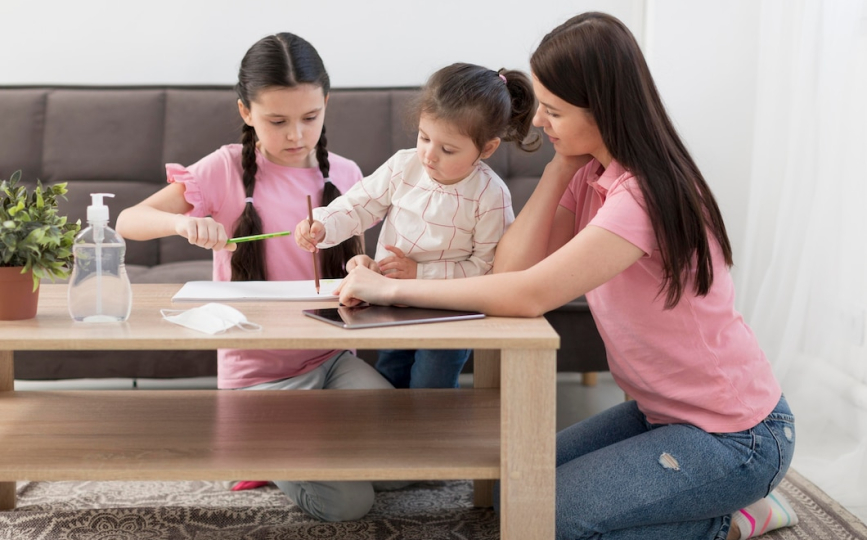 Professional caregiver helping a child build emotional confidence after school at home